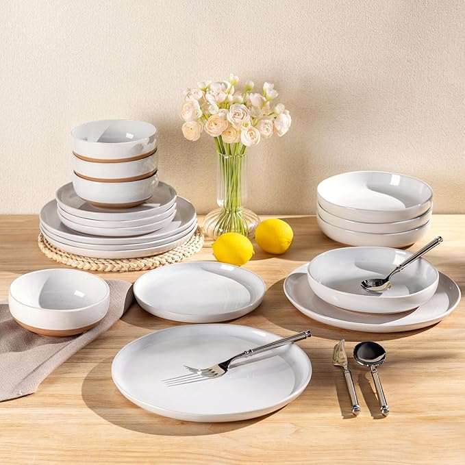 AmorArc Ceramic Dinnerware Sets for 8, 24 Pieces Handpainted Plates and Bowls Set with Rustic Terracotta Underside, Scratch Resistant Stoneware Dishes Set, Dishwasher & Microwave Safe, White