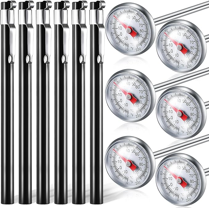 Xuhal 6 Pcs Stainless Steel Kitchen Thermometer with 5 Inch Long Stem 1 Inch Dial Thermometer Milk Frothing Food for Oven Probe Meat Grill BBQ Cooking Chocolate Water(Black)