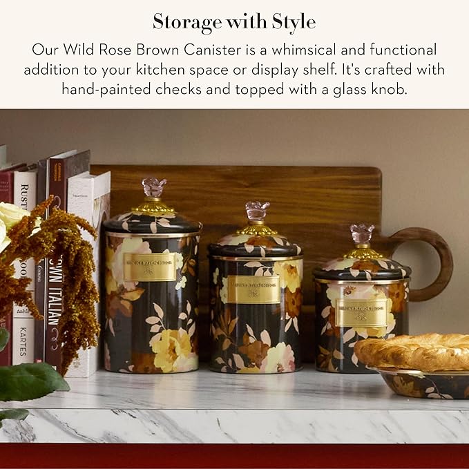 MACKENZIE-CHILDS Enamel Canister, Kitchen Storage Container with Lid, Small, Wild Rose Brown