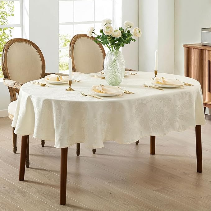 Newbridge Barcelona Luxury Damask Fabric Tablecloth, 60” Wide x 120” Oval, Antique White, 100% Polyester, No Iron, Soil Resistant Dining Room, Party and Banquet Table Cover