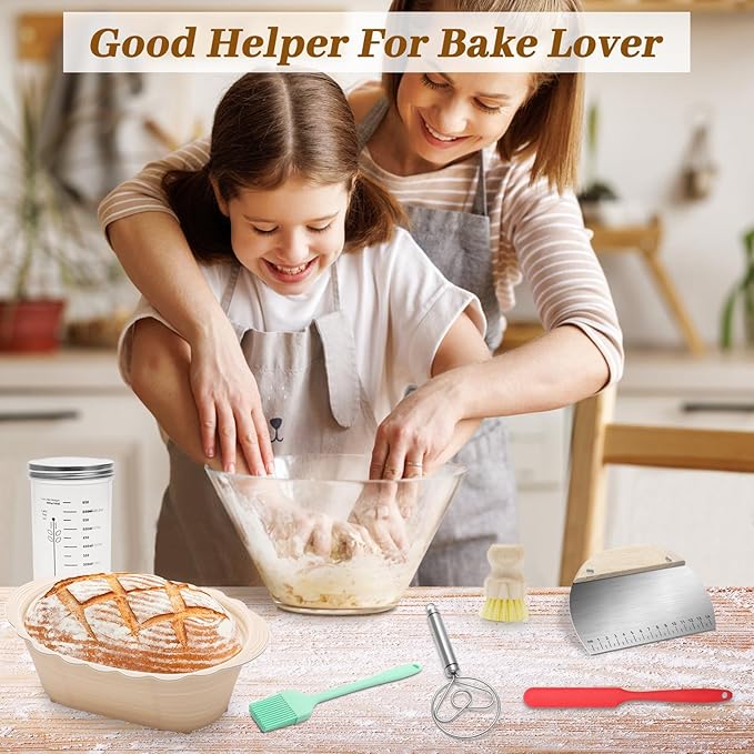 Windspeed Sourdough Bread Baking Supplies Kit of 15, Sourdough Starter Kit Include 10 and 8 Inch Bread Proofing Basket Dough Scraper Dough Starter Jar Linen Bag dough Whisk and Others