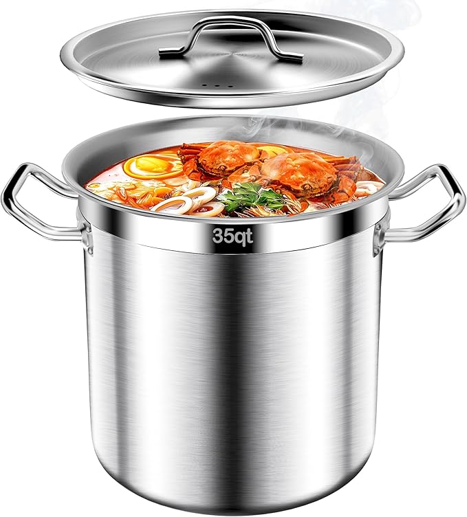 Large Stock Pot-35QT Stainless Steel Stockpot with Lid, Cooking Soup Stew Canning Cooking Pots, Cookware Sauce Pot Heavy Duty Tri-Ply Bottom Commercial Grade Stock Pot & Stockpots for Boiling