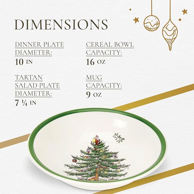 Spode Christmas Tree 16-Piece Tartan Dinnerware Set (Service for 4) - Festive Holiday Tableware with Plates, Bowls, Mugs - Porcelain Christmas Dinnerware - Microwave & Dishwasher Safe