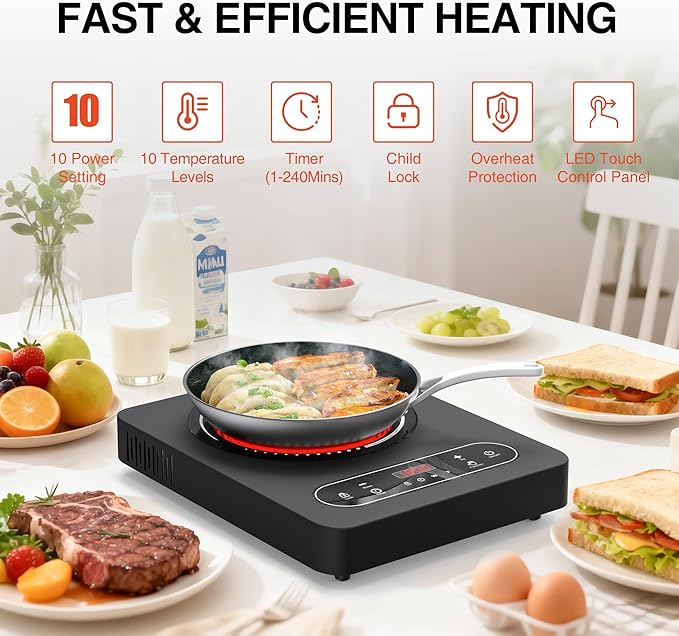 Electric Cooktop 1800W: Single Burner Portable Electric Stove 110V with LED Touch Screen 10 Power Levels, Hot Plate with Child Safety Lock, Timer and Overheat protection, Compatible with All Cookware