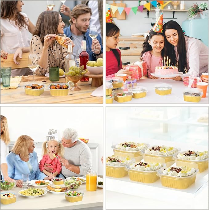 FORBFAN 150 Pack Mini Cake Pans with Lids and Spoons, 10 oz Aluminium Foil Square Brownie Baking Cups, Disposable Ramekins Cupcake Tins