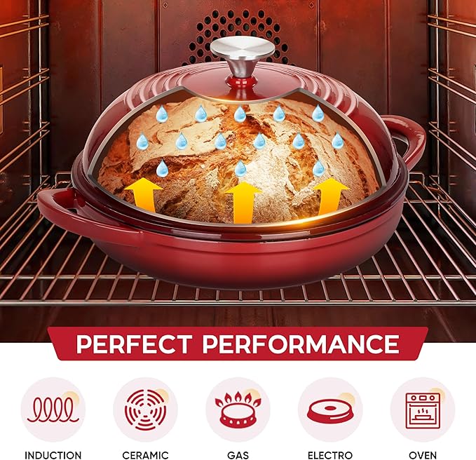 E-far Dutch Oven for Sourdough Bread Baking, 6 Qt Round Enameled Cast Iron Dutch Oven for Homemade Artisan Bread, Dome Lid & Shallow Base, Matte Black Interior & Durable, Oven-Safe to 500℉, Red