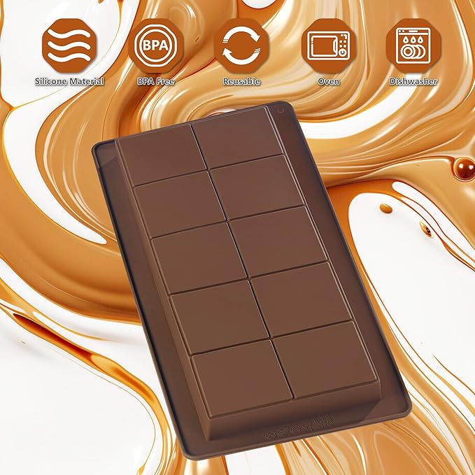 2 Packs Chocolate Silicone Molds, Non-Stick Baking Molds for Candy, Ice Cubes, 10 Cavity Dubai Pistachio Deep Bar Moulds for Valentine's, Easter, Christmas