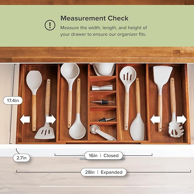 KitchenEdge Adjustable Kitchen Drawer Organizer for Utensils and Junk, Food-Safe Contract Grade with 100% Sustainable Wood, Non-Slip, Expandable from 16" to 28" Wide - Natural Acacia