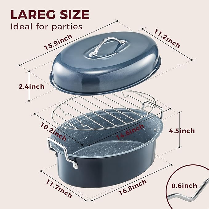 HONGBAKE 18 Inch Turkey Roasting Pan with Rack and Lid – Large Gray Carbon Steel Roaster Pan for 20 lb Turkey, Oven Safe Baking Pan for Holiday Meals & Thanksgiving