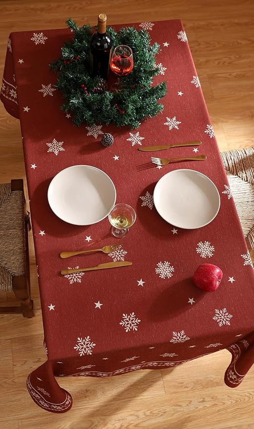 ISAENNE Designer Christmas Red Long Tablecloth Rectangular,Linen Table Cloth with Snowflakes Pattern,Wrinkle Resistant Decor Tablecloths for Dining Kitchen Thanksgiving Christmas,63"*94"-Carol C