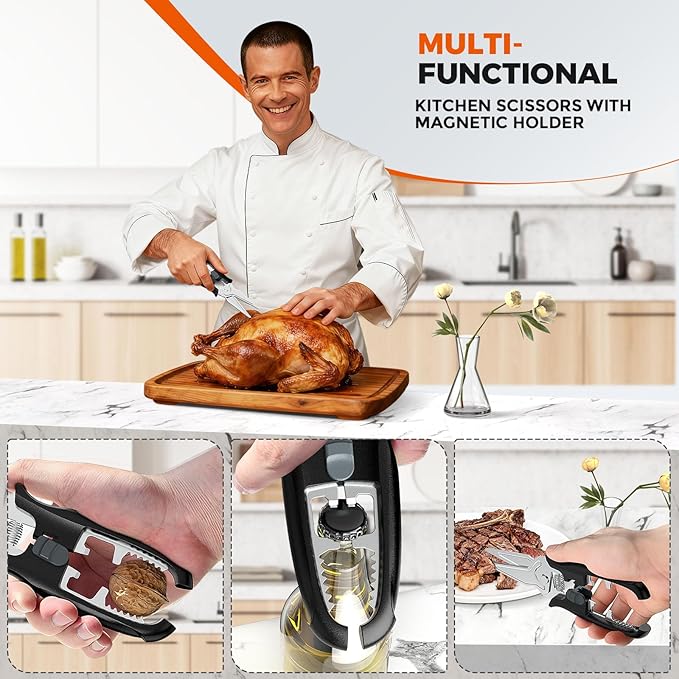 Multifunctional Kitchen Scissors - Kitchen Shears with Magnetic Holder & Safety Lock, Heavy Duty Poultry Shears, Stainless Steel for Chicken Meat Cutting Turkey, Vegetables