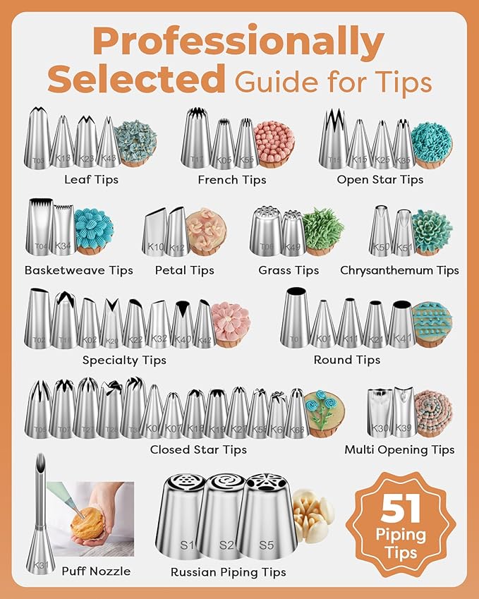 Kootek 253 Pcs Cake Decorating Kit, 12" Aluminum Alloy Cake Turntable, 48 Numbered Icing Tips, 3 Russian Piping Nozzles, Offset and Straight Spatulas, Cake Leveler, Pastry Bags Baking Supplies