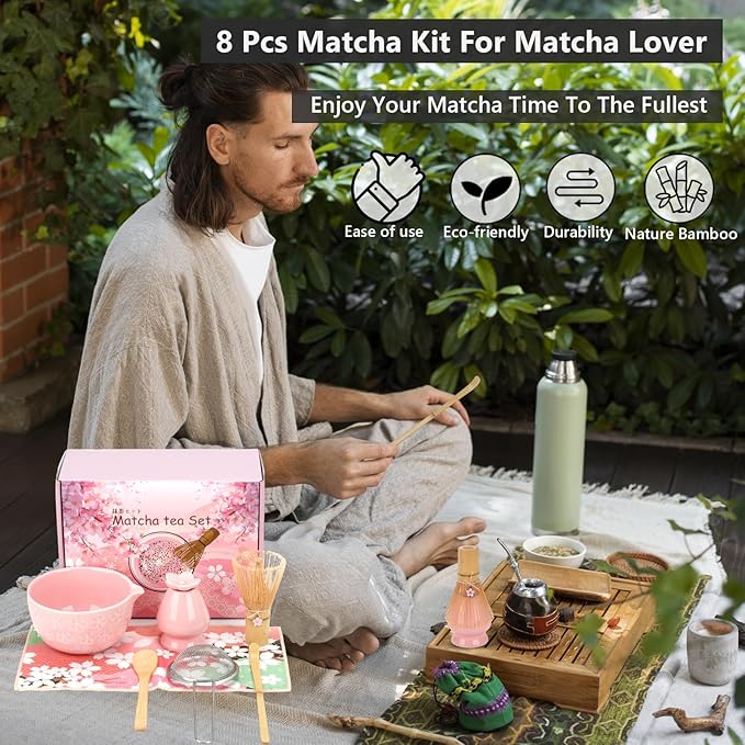 Matcha Whisk Set, Ceramic Matcha Set Includes Matcha Bowl, Bamboo Matcha Whisk and Holder, Bamboo Scoop, Scoop Holder, matcha sifter and Tea Towel - Matcha Kit for Matcha Lovers (Pink)