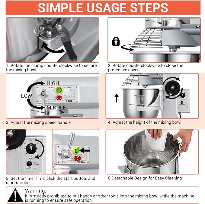 15 QT Bread Mixer, Commercial Industrial Grade Food Stand Mixer with Stainless Steel Bowl and 3 Types of Mixing Tools, Built for Professional Baking: Effortlessly Handles Large Recipes