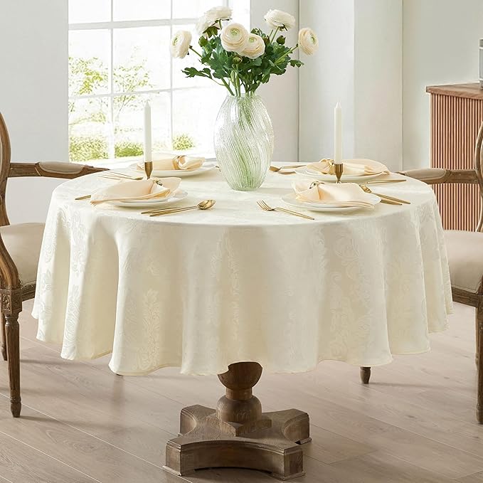 Newbridge Barcelona Luxury Damask Fabric Tablecloth, 70” Round, Antique White, 100% Polyester, No Iron, Soil Resistant Dining Room, Party and Banquet Table Cover
