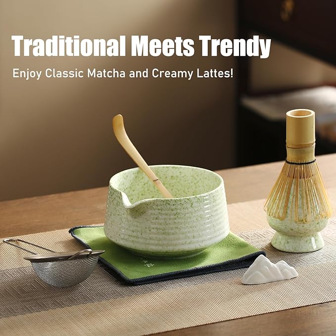 Matcha Whisk Set, Ceramic Matcha Set with Spout, Matcha Bowl Kit with Sifter, Whisk and Holder, Bamboo Scoop, Scoop Rest, Tea Towel, 7 Pcs Matcha Kit Set for Making Breakfast/Latte for Matcha Lovers