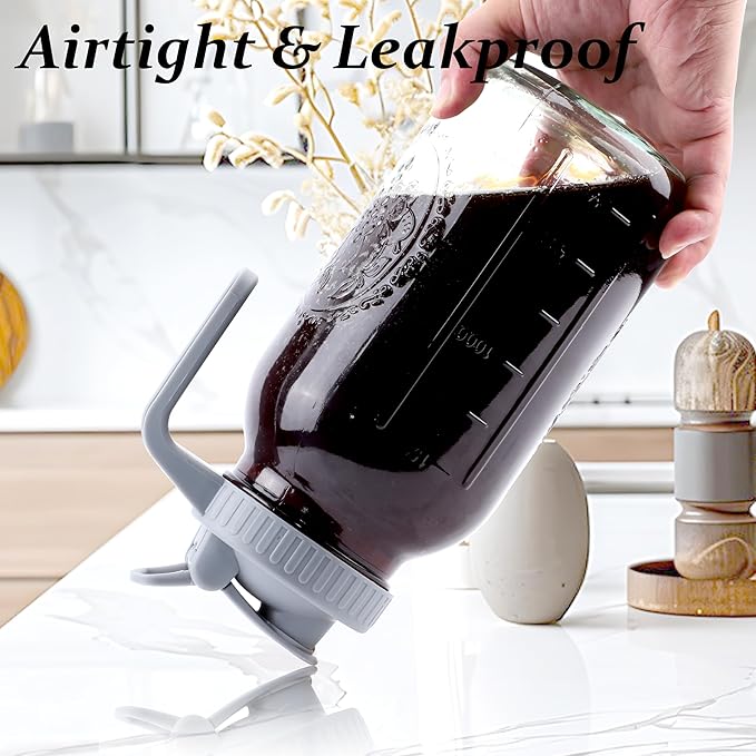Cold Brew Coffee Maker 64 Oz Mason Jar Cold Brew Pitcher With Strainer Half Gallon Wide Mouth Glass Iced Coffee Maker With Spout Lids 2 Quart Glass Pitcher For Fridge, Sun Tea, Lemonade, Cold Brew