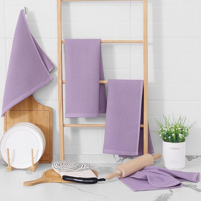 Homaxy 100% Cotton Waffle Weave Kitchen Dish Towels, Ultra Soft Absorbent Quick Drying Cleaning Towel, 13 x 28 Inches, 4-Pack, Lavender