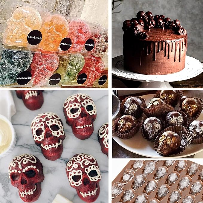 3 Pack Gummy Skull Silicone Candy Molds, Halloween Mini Skull Mold with 3 Droppers Non-stick Candy Molds