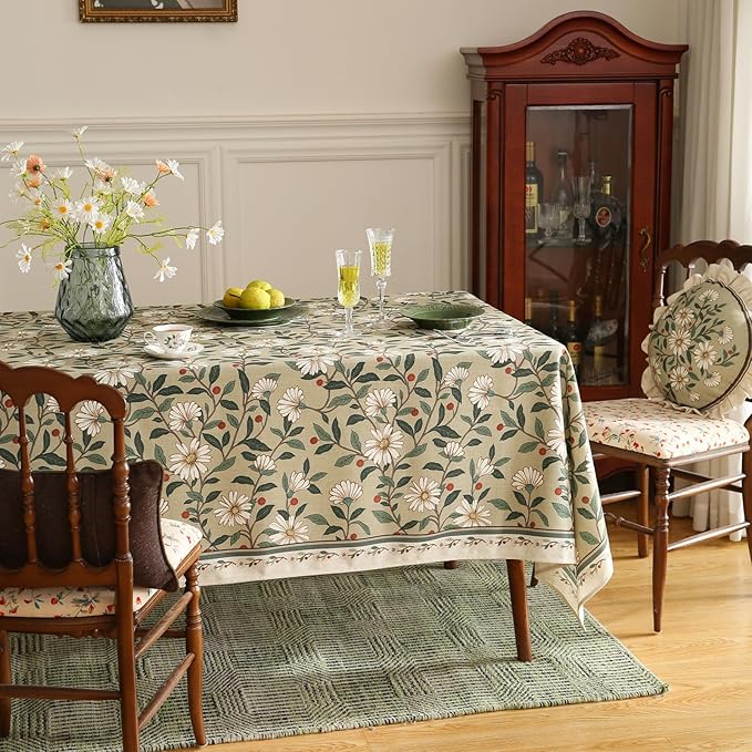 ISAENNE Designer Green Linen Table Cloth Rectangle,Floral French Country Indoor Tablecloth,Stain Resistant Home Decor Tablecloths for Dining Kitchen Thanksgiving Party,55"*79"-Brune