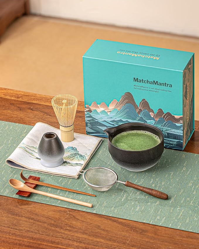 Artisan Matcha Whisk Set - 8 Pcs Premium Matcha Set with Bowl (Chawan), Bamboo Whisk & Tools | Matcha Kit for Making Breakfast/Latte | Gift for Matcha Lovers (Black)