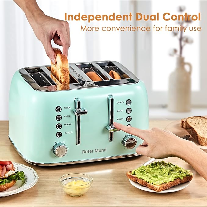 Roter Mond Toaster 4 Slice Retro Stainless Steel with Extra Wide Slots Bagel, Defrost, Reheat Function, Dual Independent Control Panel, Removable Crumb Tray, 6 Browning Levels, Aqua Green