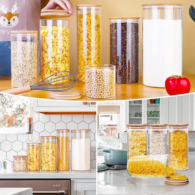 Glass Jars with Bamboo Lids [Muti Size Set of 5], Glass Canisters with Airtight Lids, Glass Food Storage Containers for Pasta, Oats, Coffee, Flour, Sugar, Rice, Best for Kitchen & Pantry