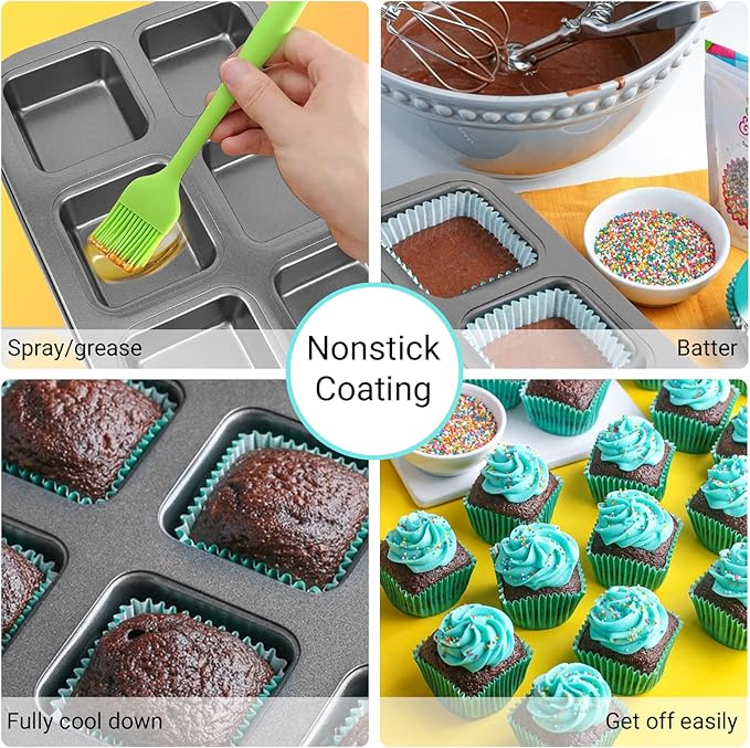 Beasea Nonstick Brownie Pan, 2 Pack 6 Cavity Black Square Brownie Muffin Pan Cake Pan Mini Cheesecake Cupcake Bakeware Carbon Steel 2x3 Cutter Brownie Baking Tray Bakeware for Oven Baking