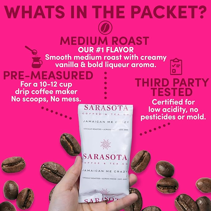 Sarasota Coffee Packs Bulk Ground Packets | Jamaican Me Crazy Flavored | Gourmet Assorted Gift Sampler | Low Acid Mold Free Individual Pouches for 12 Cup Coffee Maker | 1.75 Oz Bags, 100 Count