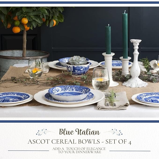 Spode Blue Italian Ascot Cereal Bowl Set of 4-8-Inch Earthenware Bowls with Oriental Design, Dishwasher & Microwave Safe Tableware for Breakfast, Soup, Rice, Dessert - Blue & White Dinnerware