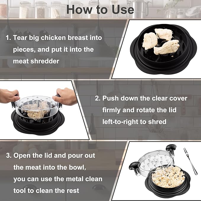 Chicken Shredder Large Chicken Breast Shredder Tool Twist with Brush&Fork, Visible Meat Shredder Machine, Strong Anti-Slip Strip, Ergonomic Handle, BPA Free, Suitable for Pork Beef Chicken