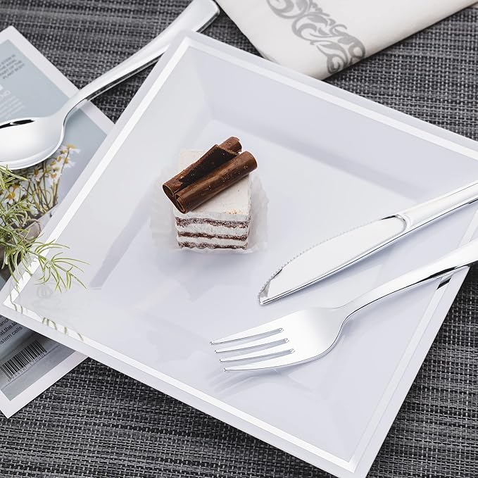 N9R 200PCS Silver Plastic Silverware Disposable Silver Plastic Silverware Cutlery Set, 100 Forks, 50 Spoons, 50 Knives for Party, Birthday, Wedding