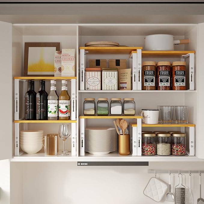 Adjustable Storage Shelves for Kitchen Cabinet Organization - Set of 2 Stackable Metal & Solid Wood Racks, Space-Saving Design for Countertop/Pantry/Garage, Easy Assembly(2 Packs/Medium/White)