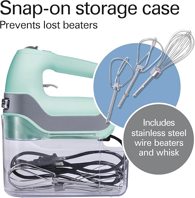 Hamilton Beach Professional 5-Speed Electric Hand Mixer with Snap-On Storage Case, QuickBurst, Stainless Steel Twisted Wire Beaters and Whisk, Mint (62658)