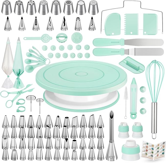 Kootek 158 Pcs Cake Decorating Kit with Cake Turntable, 64 Piping Tips Set, 50+2 Pastry Bags, Frosting Spatulas, Leveler, Scrapers, Fondant Molds, and More Baking Supplies Decorating Tools
