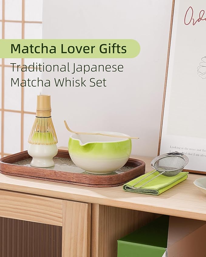 ZENS Matcha Whisk Set, 6pcs Matcha Kit Includes Ceramic Bowl, Handcrafted Bamboo Whisk and Chasen Holder, Scoop, 304 Sifter & Tea Mat，Matcha Set for Tea Ceremony,Latte Making, Green