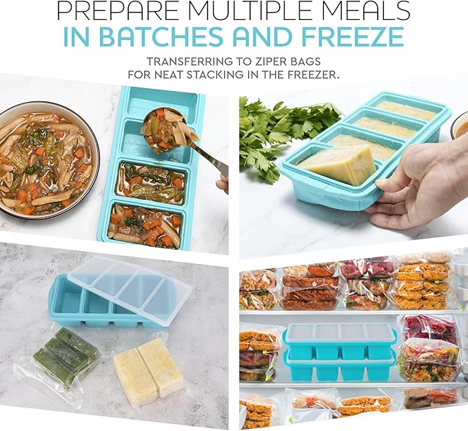 Silicone Freezer Tray With Lid - Soup Freezer Container molds - Large Ice Cube Tray- makes 8 perfect 1 cup portions cubes, 2-Pack Freezer Storage Food Soups & Meal Prep - Oven & Dishwasher -Safe