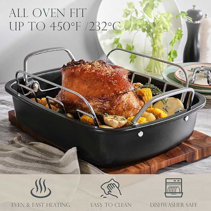 KITESSENSU Nonstick Turkey Roasting Pan with Rack, Gold