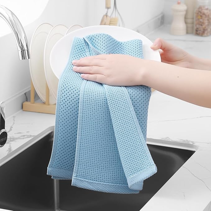 Homaxy 100% Cotton Waffle Weave Kitchen Dish Towels, Ultra Soft Absorbent Quick Drying Cleaning Towel, 13 x 28 Inches, 6-Pack, Sky Blue