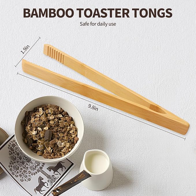 2 Pieces Natural Bamboo Toaster Tongs,9.8-Inch Long Bamboo Toast Tongs with Anti-slip Design,Heat-Resistant Tongs for Cooking and Serving