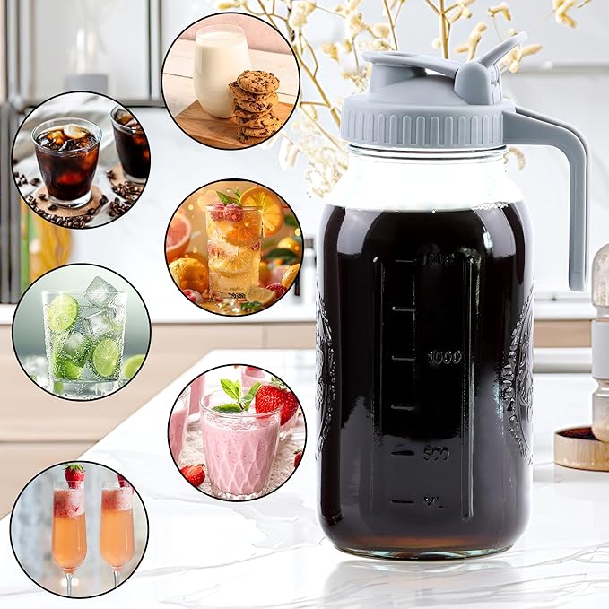 Cold Brew Coffee Maker 64 Oz Mason Jar Cold Brew Pitcher With Strainer Half Gallon Wide Mouth Glass Iced Coffee Maker With Spout Lids 2 Quart Glass Pitcher For Fridge, Sun Tea, Lemonade, Cold Brew