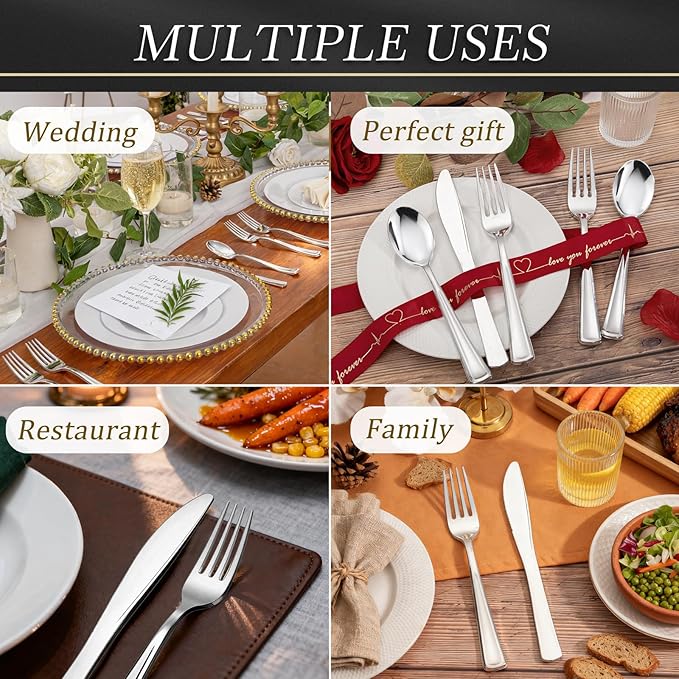 WDF 180 Pieces Silver Plastic Silverware - Silver Plastic Cutlery - Fancy Plastic Silverware Heavy Duty - 60 Forks 60 Knives 60 Spoons - Disposable Plastic Utensils Perfect for Party/Wedding/Christmas