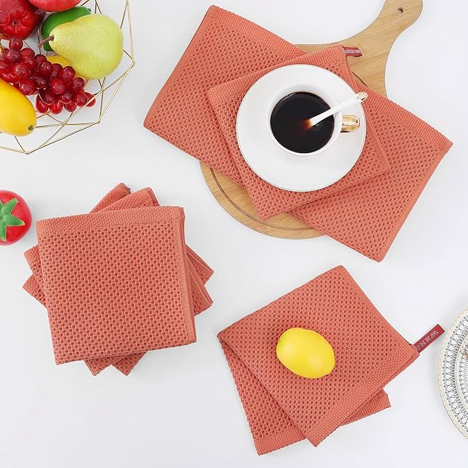 Homaxy 100% Cotton Waffle Weave Kitchen Dish Cloths, Ultra Soft Absorbent Quick Drying Dish Towels, 12 x 12 Inches, 12-Pack, Coral