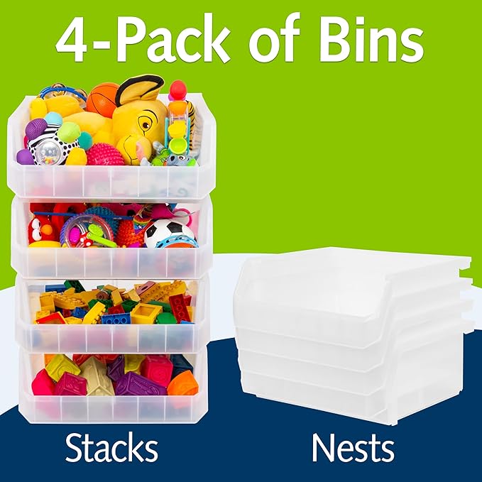 Plastic Containers for Organizing and Storage Bins for Closet, Kitchen, Office, Garage or Pantry Organization, Stackable Bins, Extra Large (14.8" x 16.5" x 7"), 4-Pack, Clear