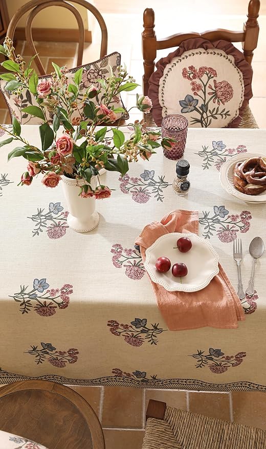 ISAENNE Designer Linen Light Beige Extra Long Table Cloth Rectangle,French Colorful Floral Tablecloth,Stain Resistant Decor Tablecloths for Dining Thanksgiving Kitchen,67"*118"-Helena E