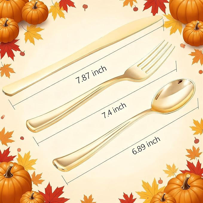 WDF 500PCS Gold Plastic Silverware Set Disposable - Gold Cutlery Set Plastic - 250Forks, 125 Spoons, 125 Knives for Thanksgiving Party, Birthday, Wedding