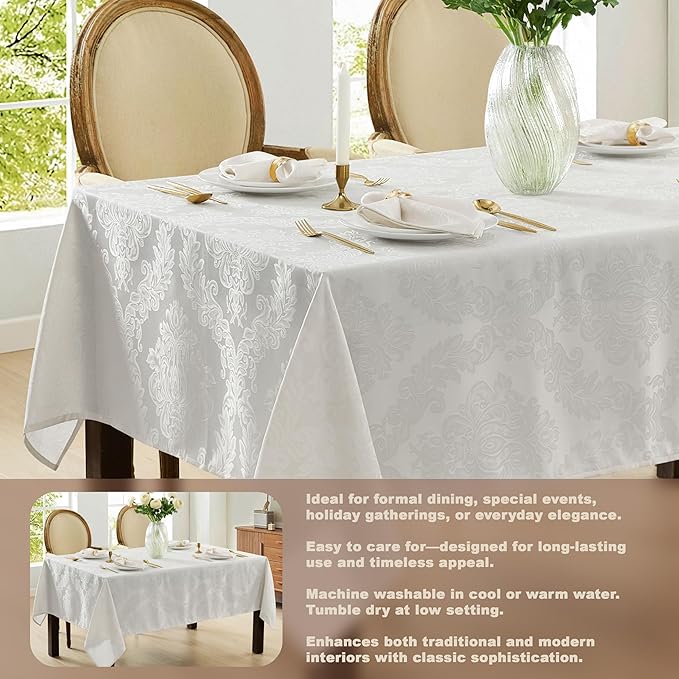 Newbridge Barcelona Luxury Damask Fabric Tablecloth, 70” Extra Wide x 126” Rectangle, White, 100% Polyester, No Iron, Soil Resistant Dining Room, Party and Banquet Table Cover