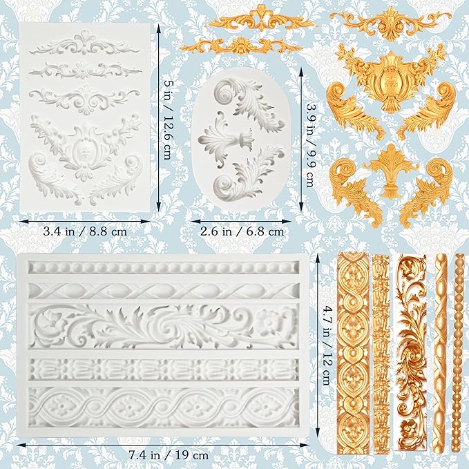3 Packs Baroque Silicone Molds Scroll Silicone Baroque Mold Clay Molds Fondant Molds Border Fondant Mold Wedding Birthday Cake Decoration