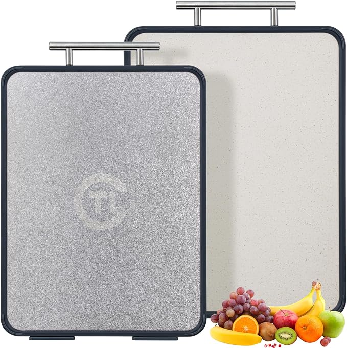 Titanium Cutting Board for Kitchen, Double Sided Non Toxic Cutting Board with Grinding Zone, Food-Grade Metal Chopping Board Pure Titanium & Wheat Straw PP Space Saving (14.5”×11”, 1 PC)