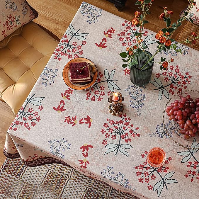 patdrea Designer Linen French Long Rectangular Table Cloth,Vintage Red Floral Fall Tablecloths,Breathable Table Cover for Kitchen Dining,Tea Party,Christmas,Thanksgiving,Holiday,63"x94"-Newmari